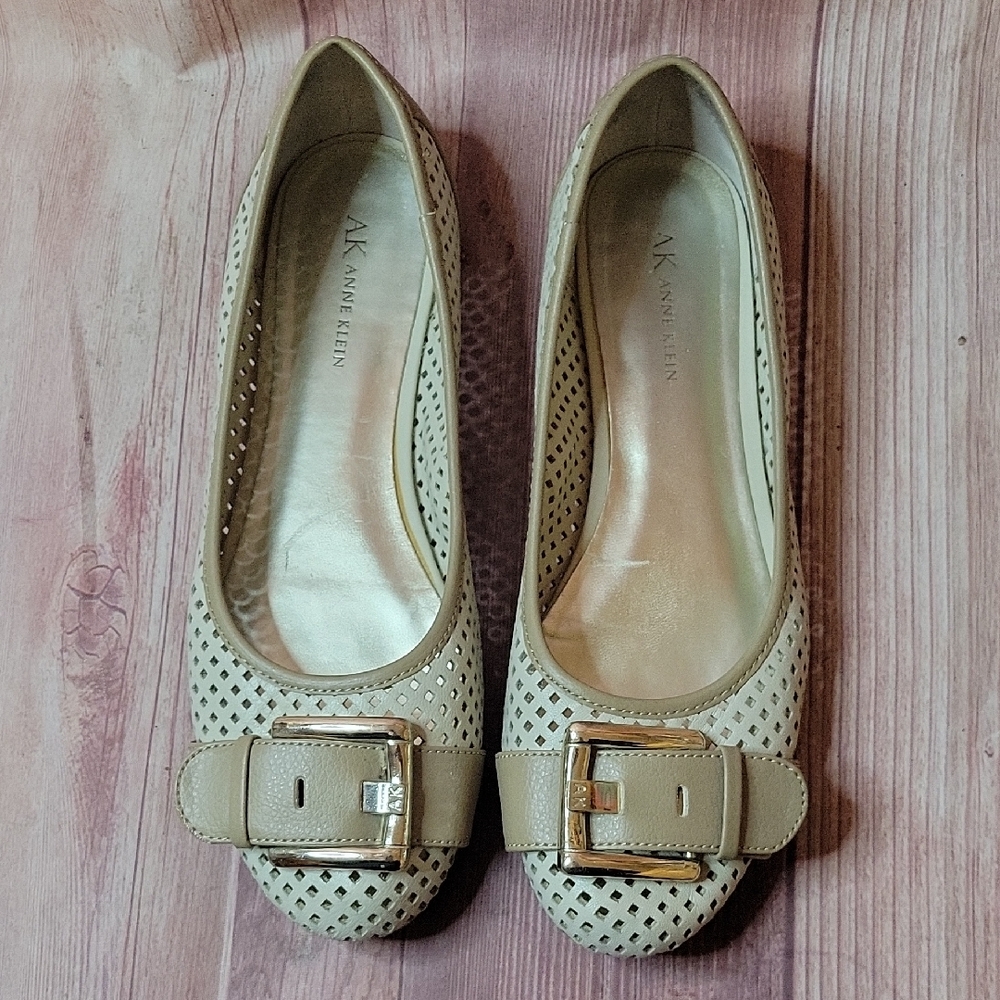 Anne Klein Beige Perforated Flats with Buckle